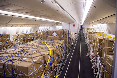 Cargo loaded in the cabin of an Air Canada passenger aircraft that was temporarily converted for cargo use.